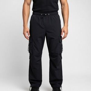 Mens Black Techwear Cargo Pants Elastic Waist Toggle Cuff Joggers Streetwear